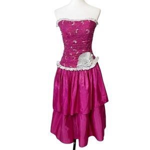 Vintage 80's Nadine Hot Pink Silver Metallic Cocktail Dress Prom Size XS S